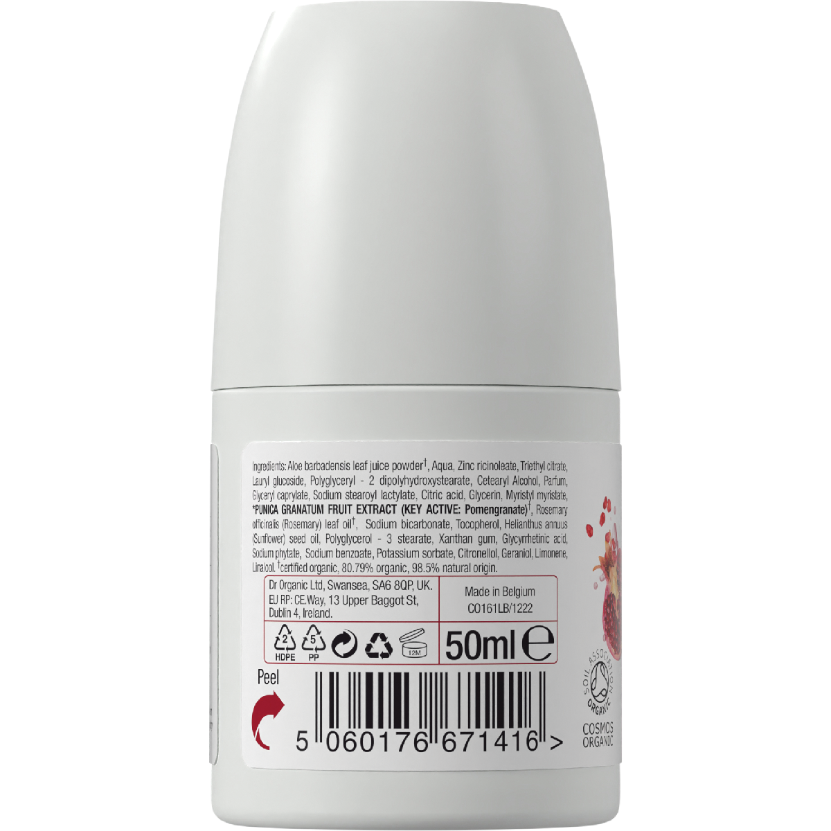 Back label of Dr Organic Pomegranate Deodorant 50ml bottle with ingredients and product information.