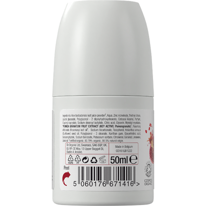 Back label of Dr Organic Pomegranate Deodorant 50ml bottle with ingredients and product information.