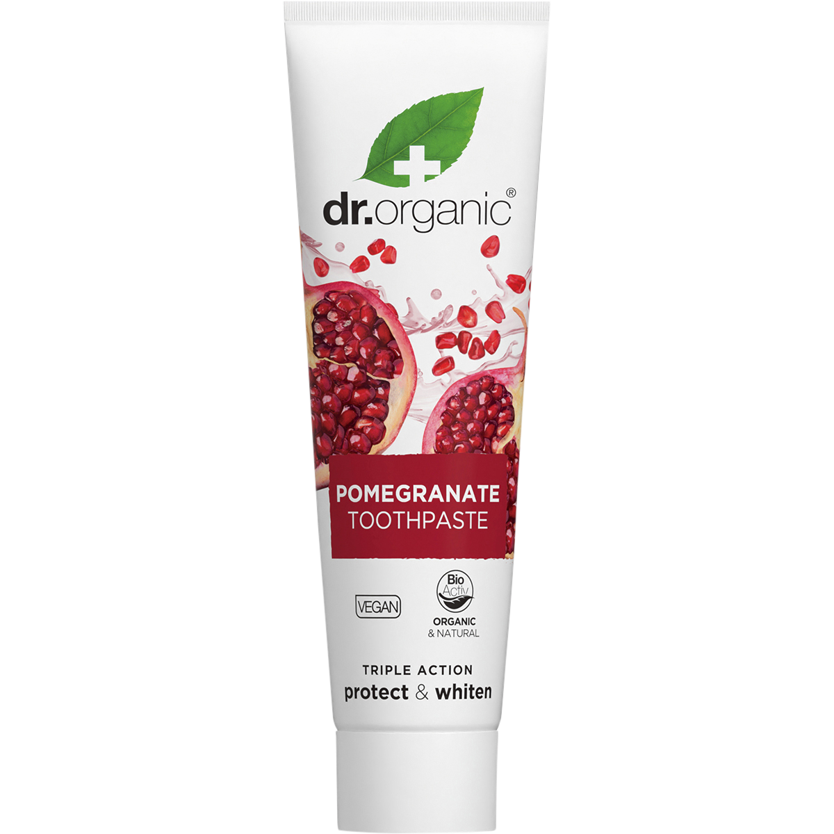 Dr Organic 100ml Pomegranate Whitening Toothpaste tube featuring a vibrant red pomegranate illustration.