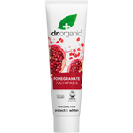 Dr Organic 100ml Pomegranate Whitening Toothpaste tube featuring a vibrant red pomegranate illustration.