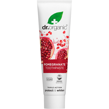 Dr Organic 100ml Pomegranate Whitening Toothpaste tube featuring a vibrant red pomegranate illustration.
