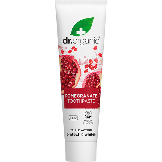 Dr Organic 100ml Pomegranate Whitening Toothpaste tube featuring a vibrant red pomegranate illustration.
