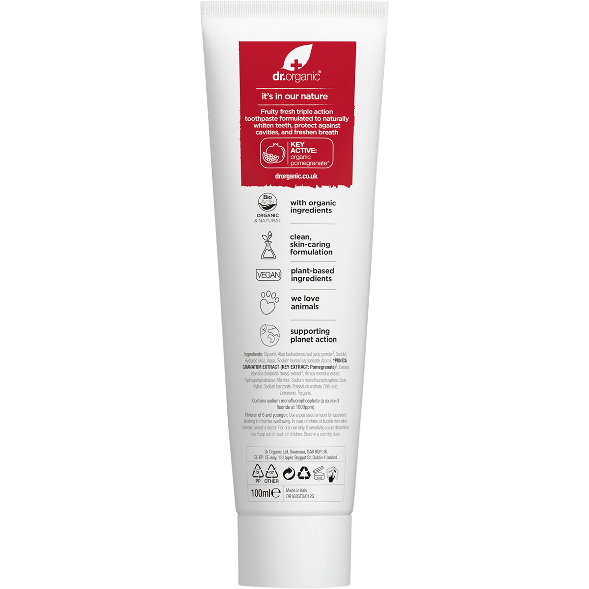 Back of Dr Organic Pomegranate Toothpaste tube showing ingredients, directions, and organic certifications.