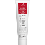 Back of Dr Organic Pomegranate Toothpaste tube showing ingredients, directions, and organic certifications.