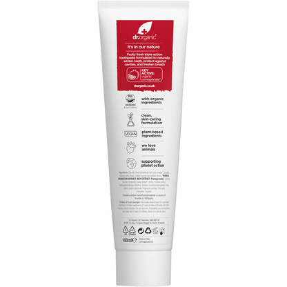 Back of Dr Organic Pomegranate Toothpaste tube showing ingredients, directions, and organic certifications.
