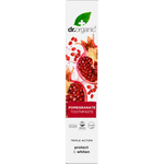 Front of Dr Organic Pomegranate Whitening Toothpaste box with a red pomegranate illustration on a white background.