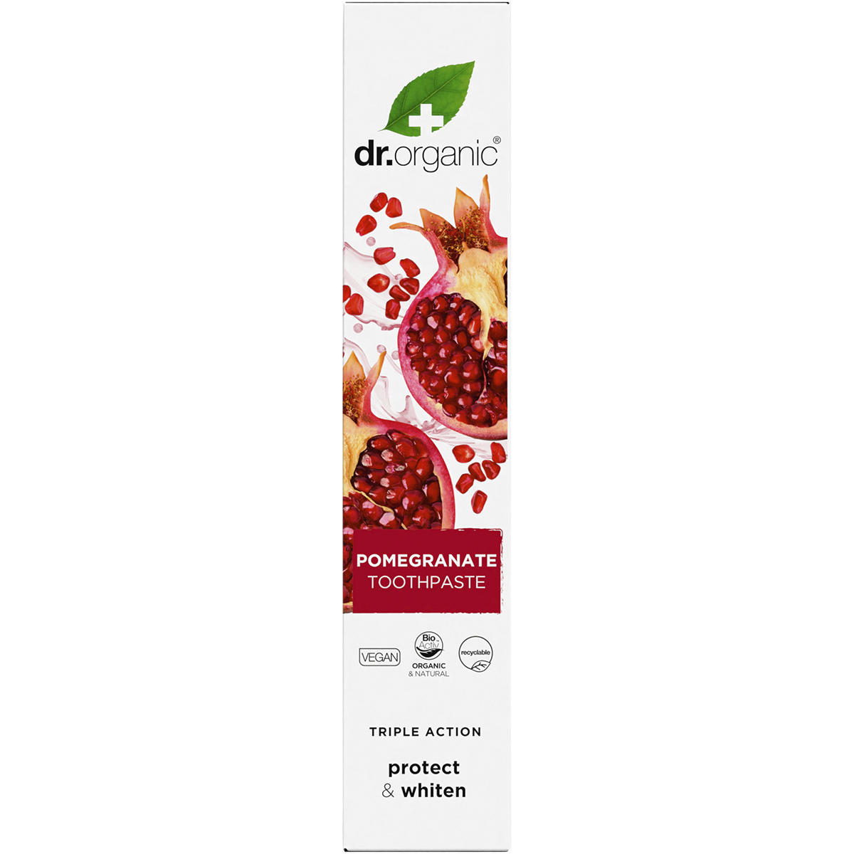 Front of Dr Organic Pomegranate Whitening Toothpaste box with a red pomegranate illustration on a white background.