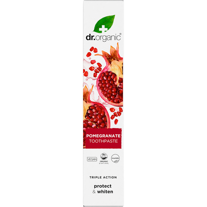 Front of Dr Organic Pomegranate Whitening Toothpaste box with a red pomegranate illustration on a white background.
