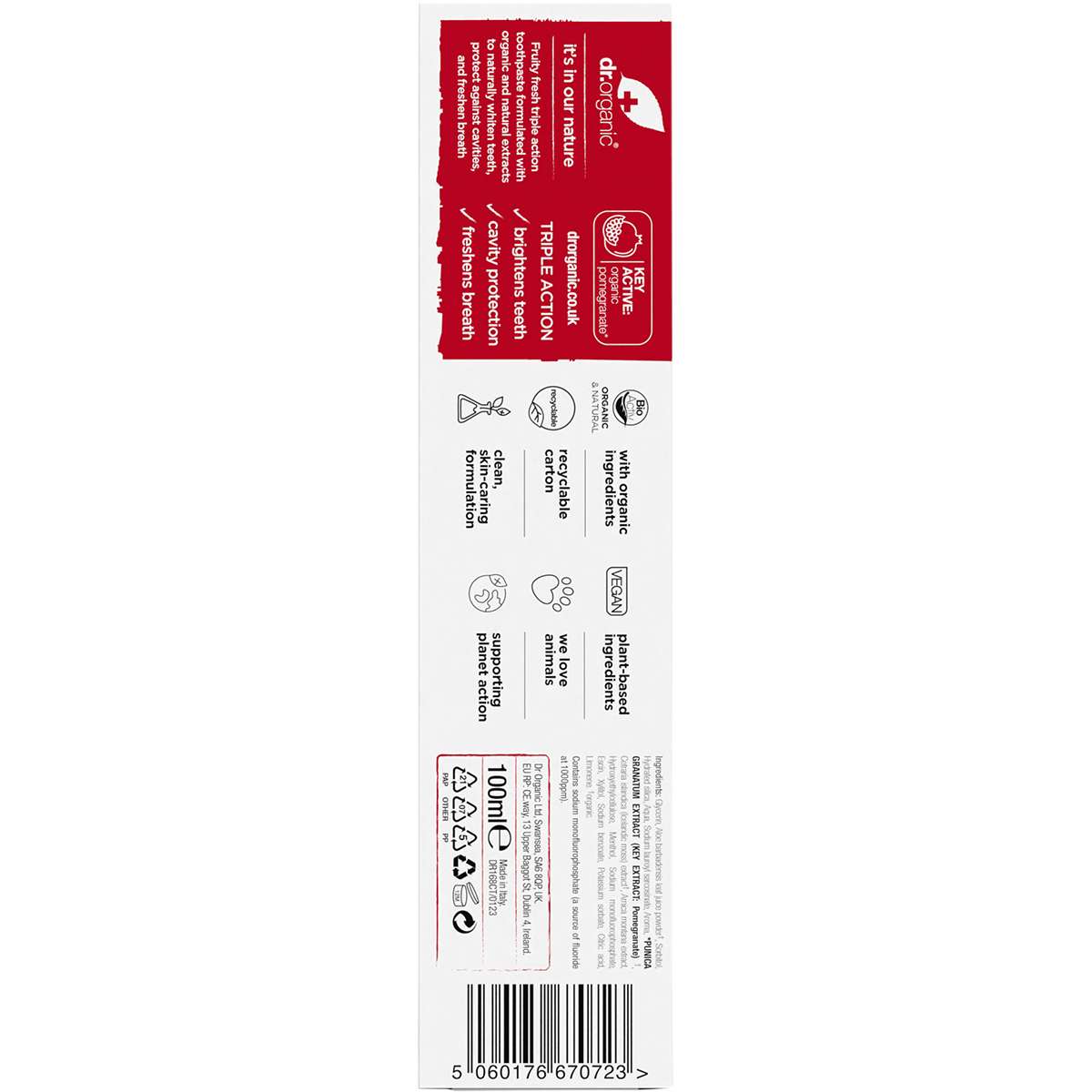 Back of the Dr Organic Pomegranate Toothpaste box showing product details and ingredients on a white background.