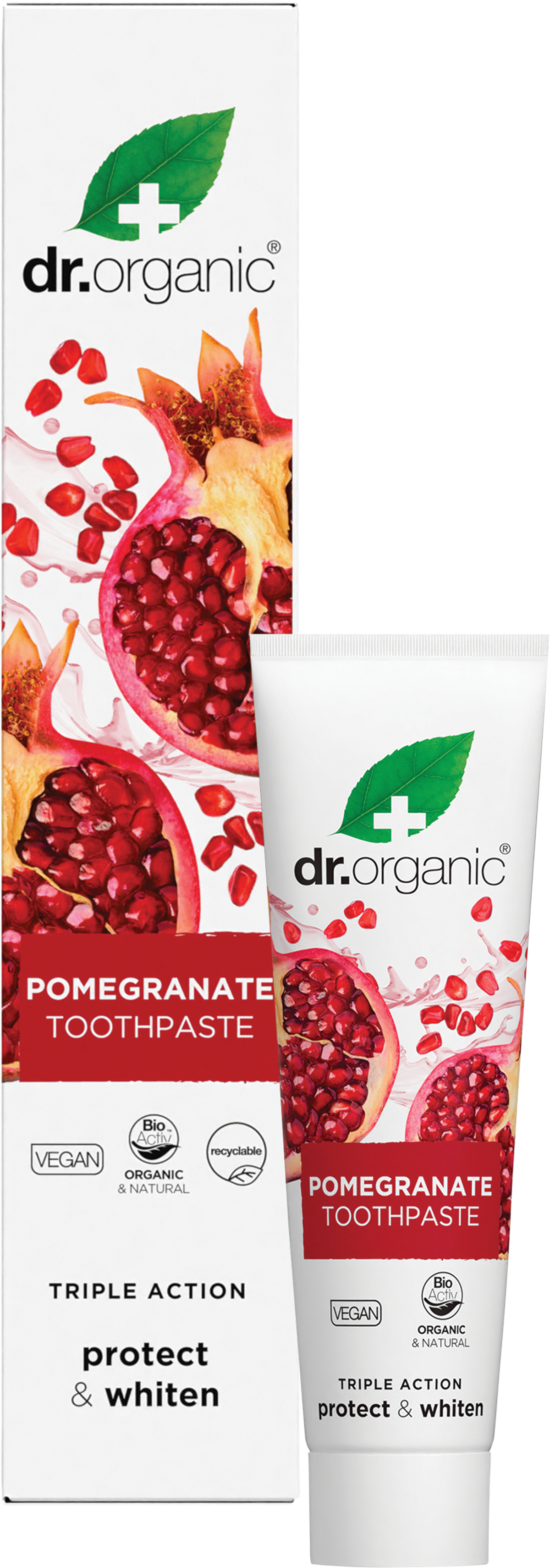 Dr Organic 100ml Pomegranate Whitening Toothpaste tube and box set with red pomegranate and mint leaf illustrations.