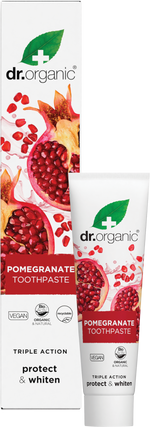 Dr Organic 100ml Pomegranate Whitening Toothpaste tube and box set with red pomegranate and mint leaf illustrations.
