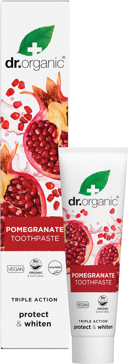 Dr Organic 100ml Pomegranate Whitening Toothpaste tube and box set with red pomegranate and mint leaf illustrations.