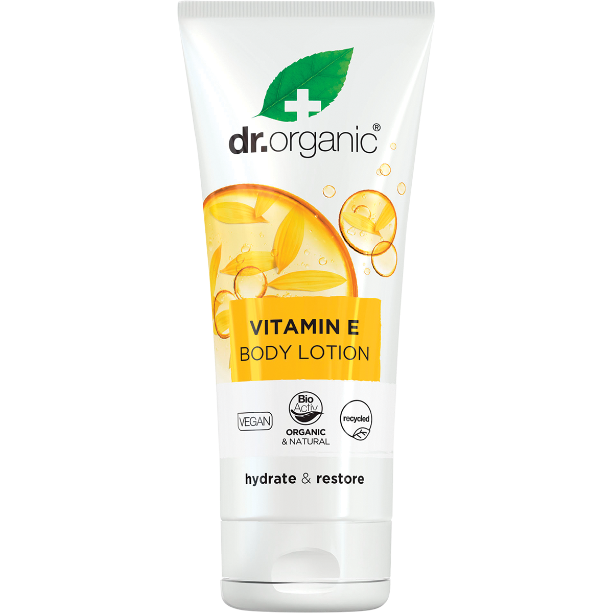 200ml tube of Dr Organic Vitamin E Body Lotion featuring a white and orange label on a clean background.