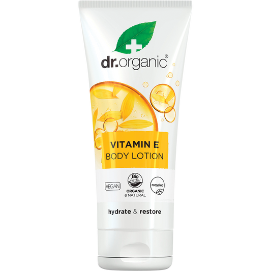 200ml tube of Dr Organic Vitamin E Body Lotion featuring a white and orange label on a clean background.