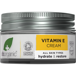 50ml jar of Dr Organic Vitamin E Cream featuring a white label with orange accents and botanical illustrations.