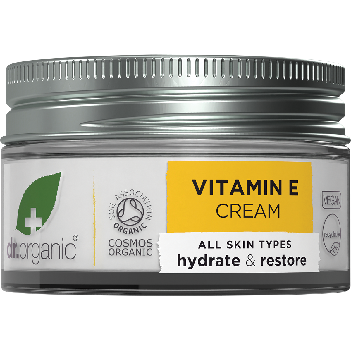 50ml jar of Dr Organic Vitamin E Cream featuring a white label with orange accents and botanical illustrations.