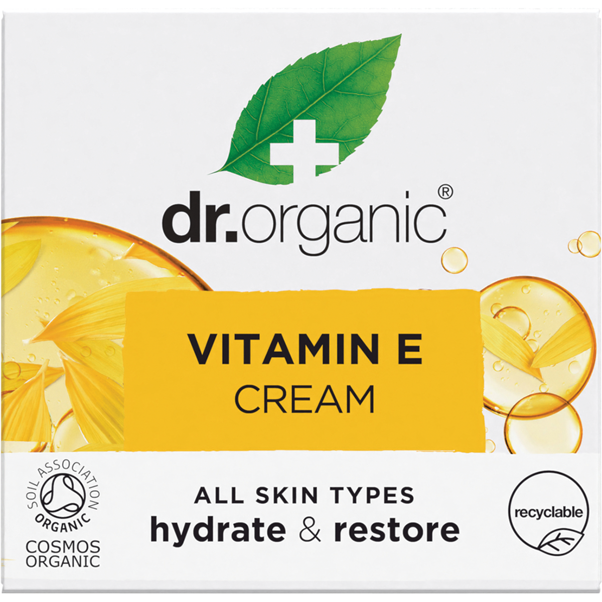 Dr Organic Vitamin E Cream 50ml retail box with a white background and orange and green botanical illustrations.