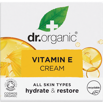 Dr Organic Vitamin E Cream 50ml retail box with a white background and orange and green botanical illustrations.