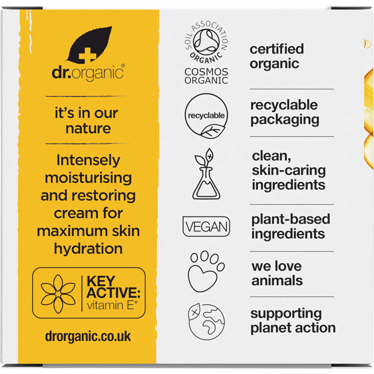 Back of Dr Organic Vitamin E Cream box showing product benefits, usage directions, and ingredients on a white background.