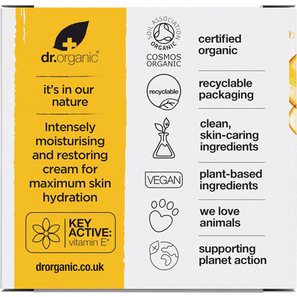 Back of Dr Organic Vitamin E Cream box showing product benefits, usage directions, and ingredients on a white background.