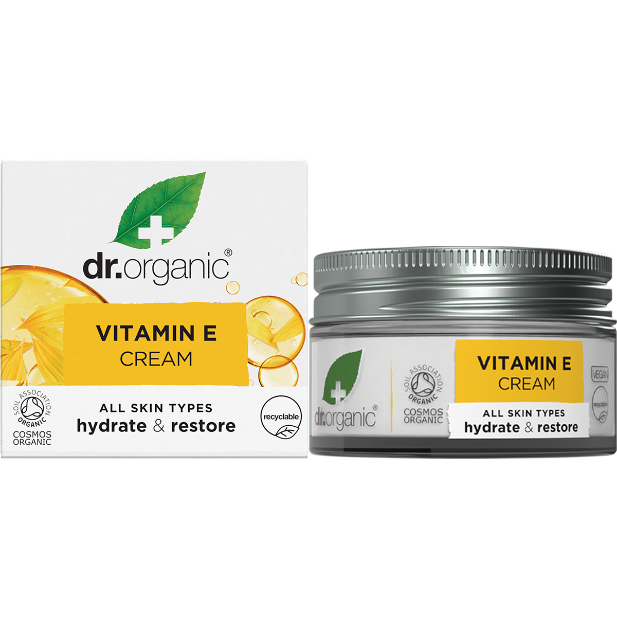 50ml jar and box of Dr Organic Vitamin E Cream featuring orange accents and botanical illustrations on a white background.