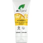 50ml tube of Dr Organic Vitamin E Scar and Stretch Serum with a white cap and botanical illustrations.