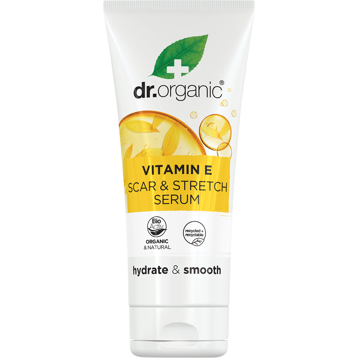 50ml tube of Dr Organic Vitamin E Scar and Stretch Serum with a white cap and botanical illustrations.