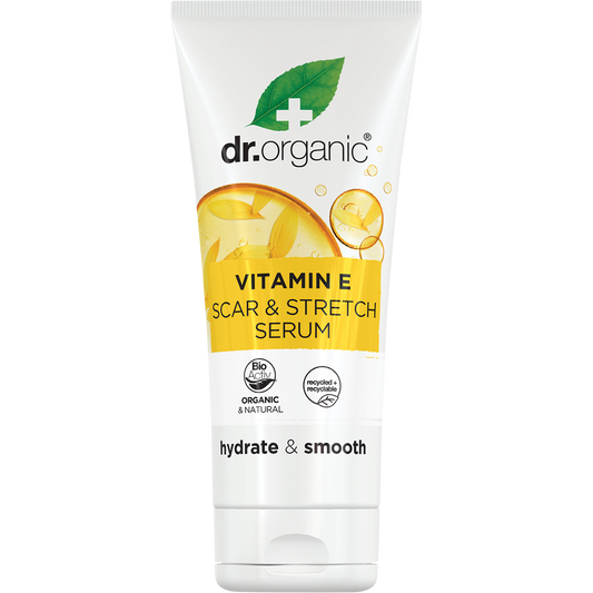50ml tube of Dr Organic Vitamin E Scar and Stretch Serum with a white cap and botanical illustrations.