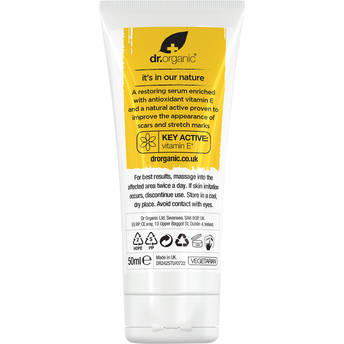 Back of a 50ml Dr Organic Vitamin E serum tube showing directions, warnings, and ingredients on a white background.