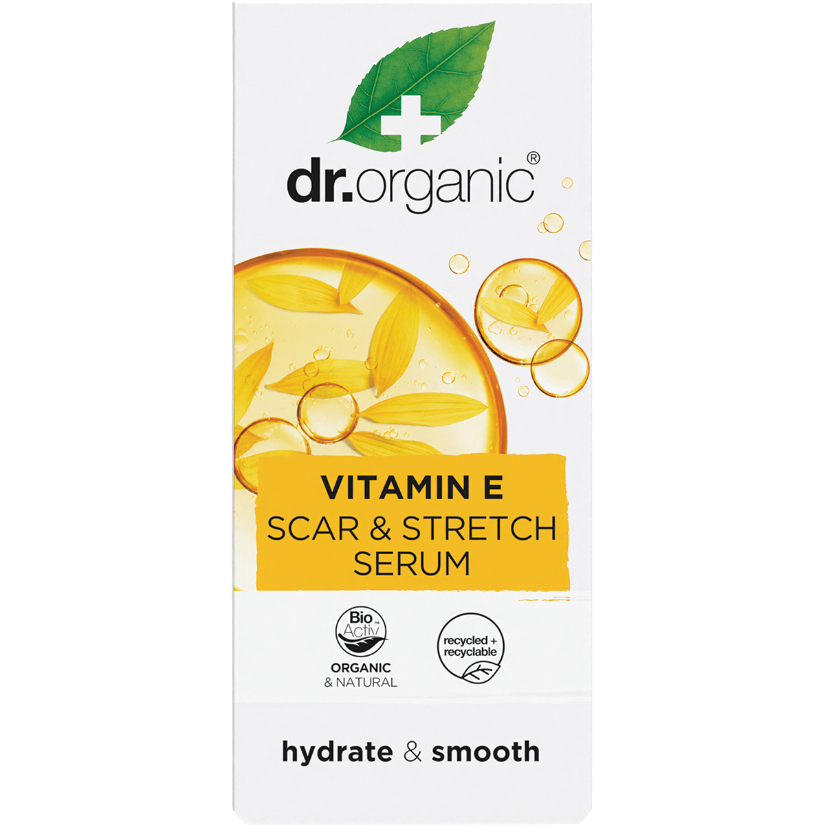 Dr Organic Vitamin E Scar and Stretch Serum 50ml product box featuring botanical illustrations on a white background.