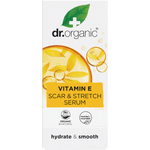 Dr Organic Vitamin E Scar and Stretch Serum 50ml product box featuring botanical illustrations on a white background.