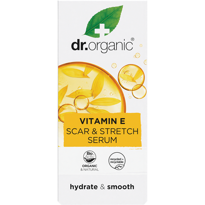 Dr Organic Vitamin E Scar and Stretch Serum 50ml product box featuring botanical illustrations on a white background.