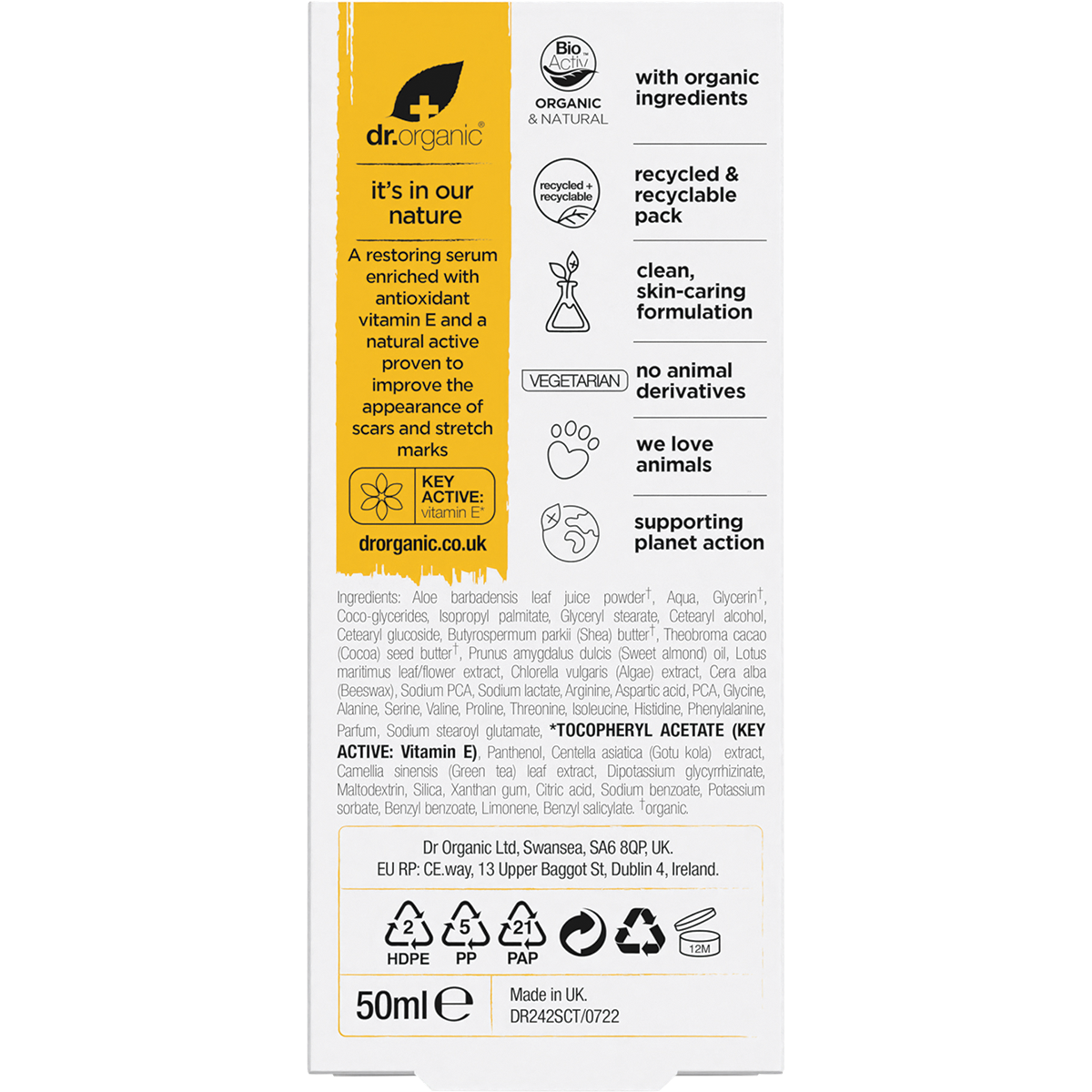 Back of Dr Organic Vitamin E Scar and Stretch Serum box with product benefits, directions, and ingredients.