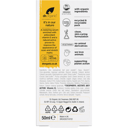 Back of Dr Organic Vitamin E Scar and Stretch Serum box with product benefits, directions, and ingredients.