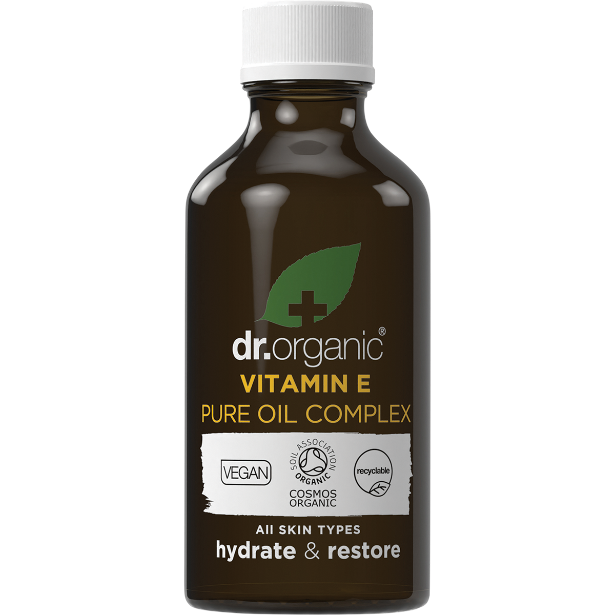 50ml bottle of Dr Organic Vitamin E Pure Oil Complex with a dropper lid.