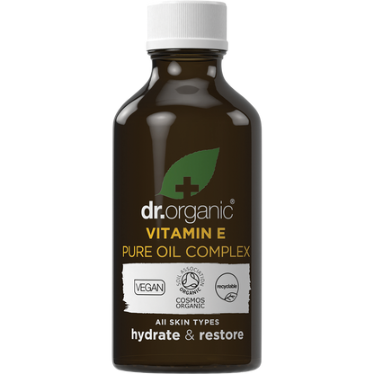 50ml bottle of Dr Organic Vitamin E Pure Oil Complex with a dropper lid.