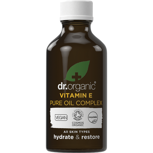 50ml bottle of Dr Organic Vitamin E Pure Oil Complex with a dropper lid.