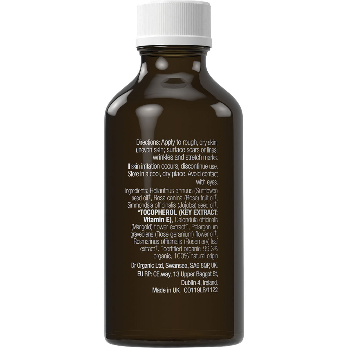 Back of a 50ml Dr Organic Vitamin E oil bottle showing ingredients, directions, and product information.