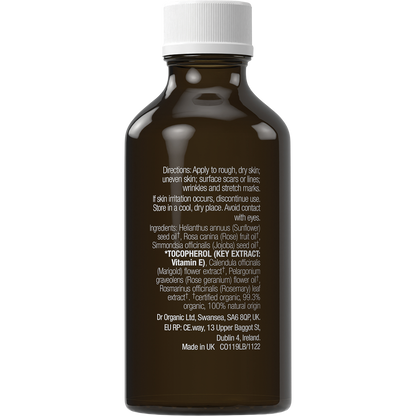 Back of a 50ml Dr Organic Vitamin E oil bottle showing ingredients, directions, and product information.