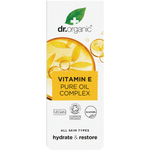 Dr Organic Vitamin E Pure Oil Complex 50ml cardboard box featuring a white and orange design on a white background.