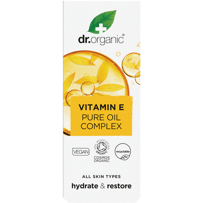 Dr Organic Vitamin E Pure Oil Complex 50ml cardboard box featuring a white and orange design on a white background.