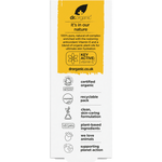 Back of Dr Organic Vitamin E oil box with ingredients, directions, and product benefits on a white background.
