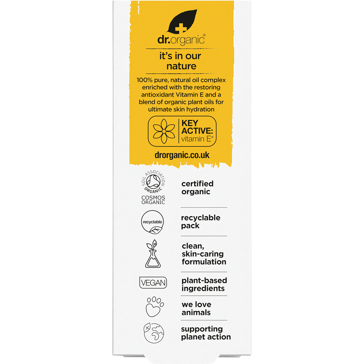 Back of Dr Organic Vitamin E oil box with ingredients, directions, and product benefits on a white background.