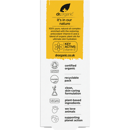 Back of Dr Organic Vitamin E oil box with ingredients, directions, and product benefits on a white background.