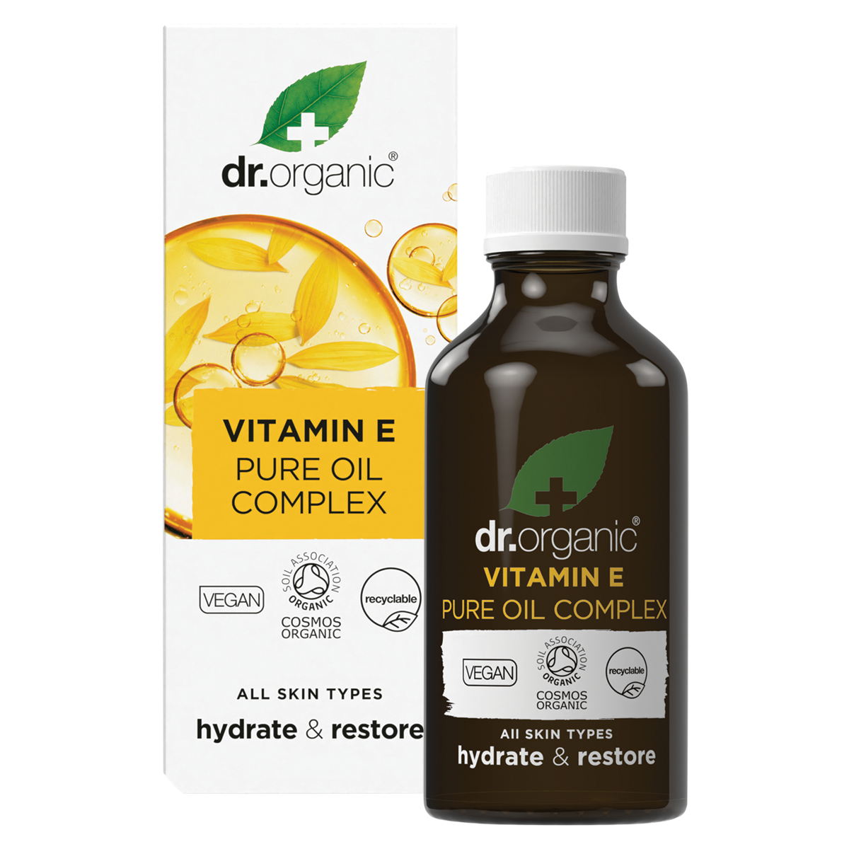 Dr Organic Vitamin E Pure Oil Complex 50ml bottle and box featuring white and orange design on a white background.