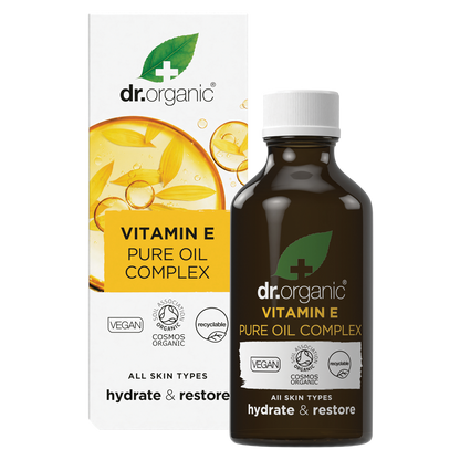Dr Organic Vitamin E Pure Oil Complex 50ml bottle and box featuring white and orange design on a white background.