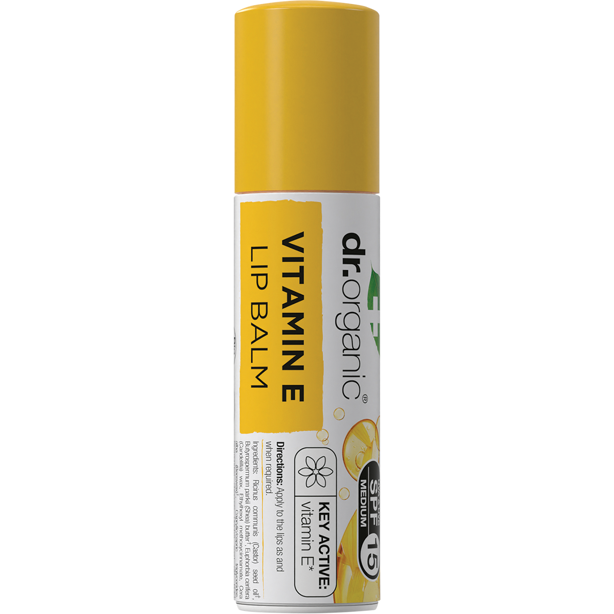 Dr Organic 5.7ml Vitamin E Lip Balm with SPF 15 in a white and green plastic tube.