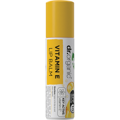 Dr Organic 5.7ml Vitamin E Lip Balm with SPF 15 in a white and green plastic tube.