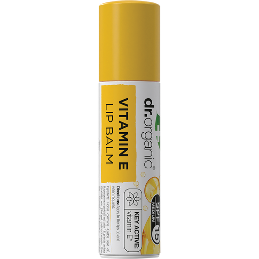 Dr Organic 5.7ml Vitamin E Lip Balm with SPF 15 in a white and green plastic tube.