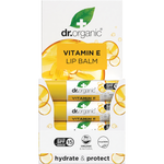 Dr Organic Vitamin E Lip Balm with SPF 15 in a white and green plastic tube and matching display box.
